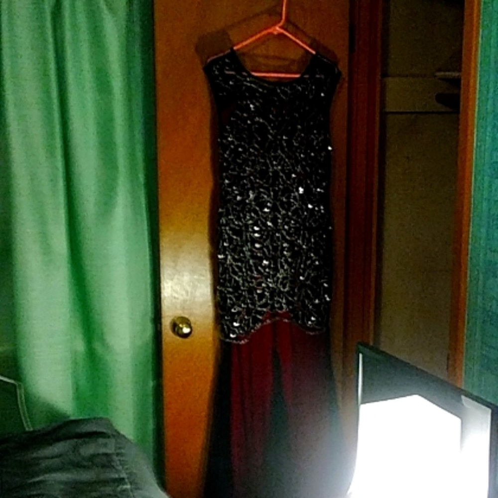 1920' style burgundy beaded dress with black and silver sequins black overlay